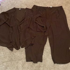 Nebiani three piece brown pants suit jacket has beaded trim size 24W